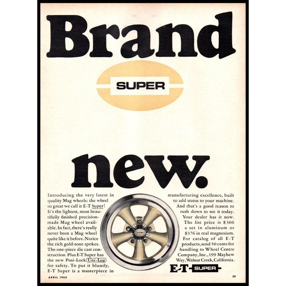 1968 E-T Super Mag Wheels Gold Tone Vintage Print Ad Muscle Car Wall Art